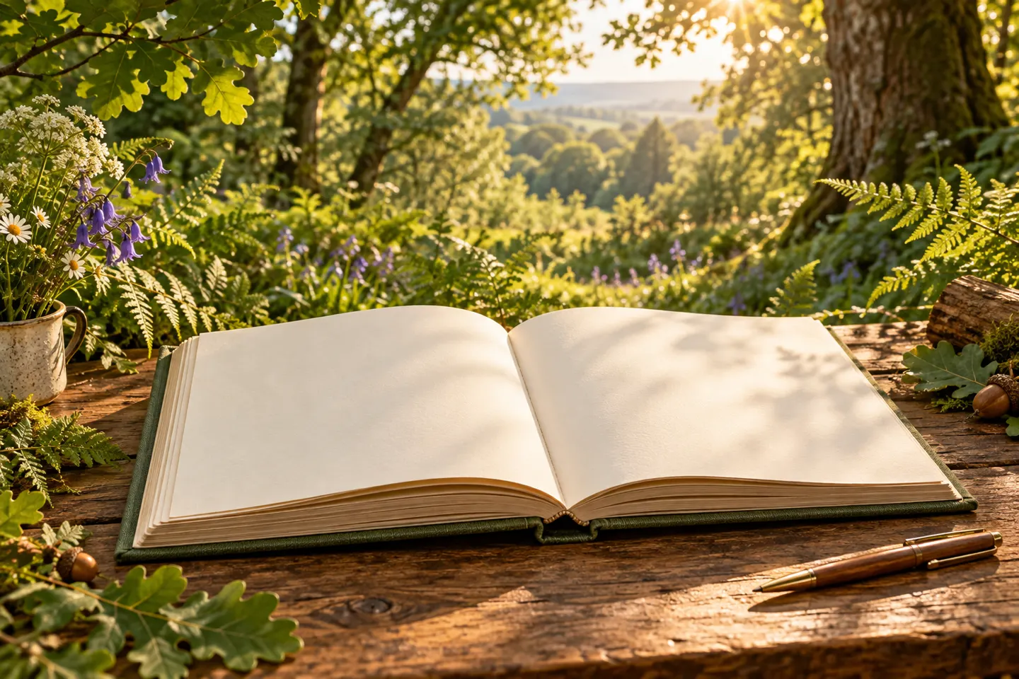 An open guestbook in a sunlit woodland clearing